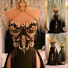 Gold Gowns Elegant Classy, Medieval Core, Black And Gold Gown, Dark Medieval, Armor Dress, Fashion Show Dresses, Enchanted Forest Wedding, Runway Fashion Couture, Fairy Costume