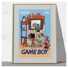 an old game boy poster is hanging on the wall in front of a white background