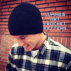 a man wearing a black knitted hat with the words summer hat crochet pattern