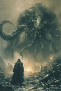 an image of a giant octopus attacking a man in the middle of a swampy area