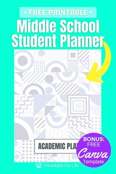 the middle school student planner is shown in this blue and white cover with an arrow pointing to