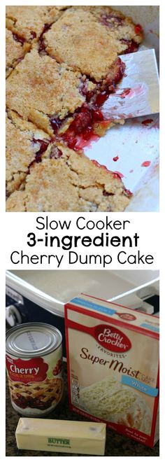 the ingredients for this strawberry dump cake are shown in three different pictures and one is ready to be eaten