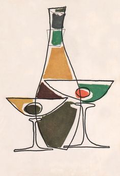 a drawing of two glasses and a bottle