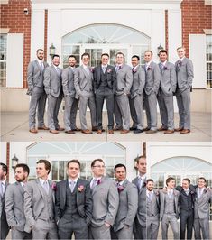 a group of men standing next to each other wearing suits and ties on their wedding day