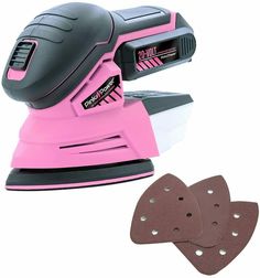 a pink sander with two pads next to it on a white background and an adhesiver