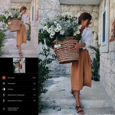 a woman holding a basket full of flowers