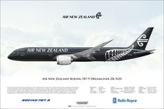 an air new zealand jet flying in the sky with clouds behind it and words below