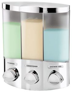 three soap dispensers with different colors on each one wall mounted in stainless steel