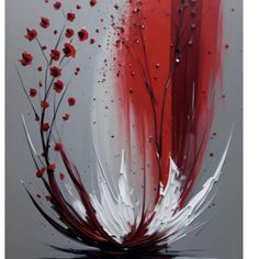 an abstract painting with red and white flowers in the center, on a gray background