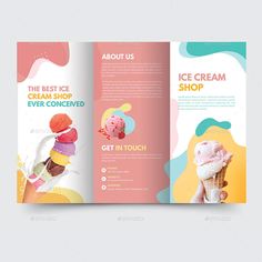 an ice cream shop trifold brochure is shown in this graphic style, with colorful