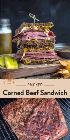 grilled corned beef sandwich with pickles and mustard