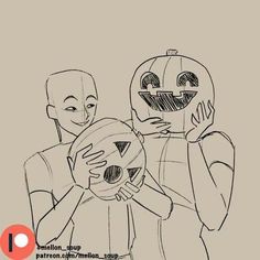 an image of two people holding pumpkins with faces drawn on them and the caption is