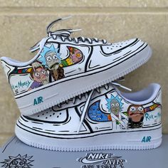 custom hand painted air force 1. Older kids size uk1 --uk5.5  ￡188 Adults size uk2.5-uk12  ￡228 - brand new in box; - Each pair is personally handmade, and painting with premium leather paint and topped with a finisher for extra protection; - Please ensure that you double check your size before ordering.  - For customized designs, feel free to leave us a message, We are willing to have your ideas done; Rick And Morty Shoes, Trendy Trainers, Painted Air Force 1, Af1 Shoes, Anime Wedding, Unique Sneakers, Style Anime, Air Force 1 Custom, Shoes Trendy