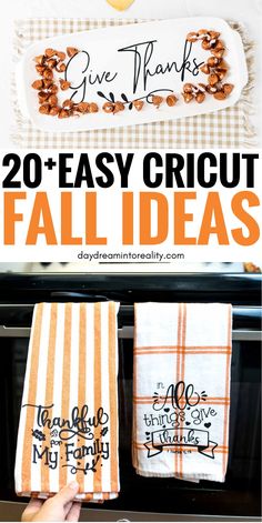 two easy diy fall napkins with the words give thanks written on them in black and white