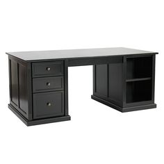 a black desk with two drawers on each side and an open bookcase at the top