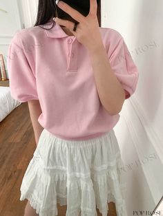 Embroidered Collar Short-Sleeve Shirt: Vintage Literary Bubble Sleeve Top Pink Patchwork Short Sleeve T-shirt, Short Sleeve Cotton T-shirt With Ruffles, Casual Short Sleeve T-shirt With Pink Bow, Playful Purple Short Sleeve T-shirt, Cotton T-shirt With Pink Bow, Short Sleeve, Bubble Sleeve Top, Embroidered Collars, Shirt Sleeves, Short Sleeve Shirt