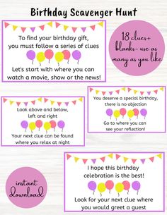 birthday scavenger hunt with balloons and confetti on the side, including