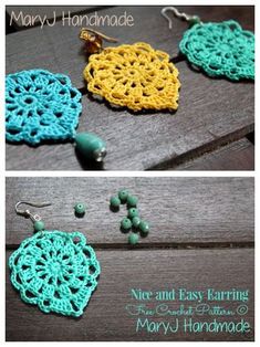 crocheted earrings with beads on them sitting on top of a wooden table next to the words, free and easy earring from mary handmade