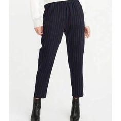 Condition: Brand New With Tags. No Flaws To Mention. Elastic Waist, Ankle Zippers. Approximate Flat Lay Measurements In Inches: Waist (Across): 15” Rise: 12” Inseam: 26” Please Review All Photos Before Purchasing Chic Vertical Stripes Pants For Fall, Casual High Waist Pinstripe Pants, Casual Pinstripe Ankle-length Pants, Casual Pinstripe Ankle-length Bottoms, Fall Striped Bottoms With Pockets, Striped Bottoms With Pockets For Fall, Casual Pinstripe Pants For Work, Blue Vertical Stripes Pants For Workwear, Blue Vertical Stripes Pants For Work