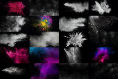 multiple images of different colored fireworks in the sky