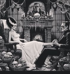 a black and white drawing of a man and woman sitting in front of a fireplace