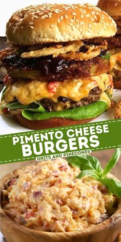 two different burgers with cheese and other toppings on them are shown in this advertisement