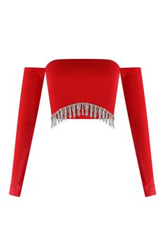 Divas Dancing Rhinestone Fringe Crop Top Crop Top EDGE Small/Medium Red Aaliyah Shirt, Cropped Knit Top, Fringe Crop Top, Rhinestone Fringe, Small Crop Tops, Knit Crop Top, Aaliyah, Strapless Bra, Knit Top