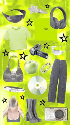 a green background with black stars and various items in the shape of an apple, camera, headphones, sunglasses, t - shirt