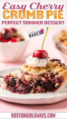 a slice of cherry crumb pie on a white plate with the words easy cherry crumb pie perfect summer dessert