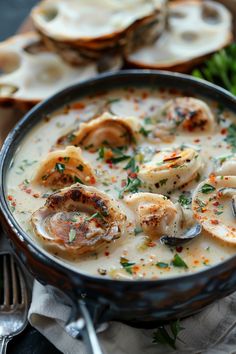 Creamy seafood chowder garnished with herbs and spices, with empty scallop shells in the background. Oyster Soup With Canned Oysters, Oyster Stew Recipes Using Canned Oysters, Bisque Recipes, Oyster Stew Recipes, Oyster Soup