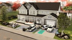 an artist's rendering of a house with several cars parked in front of it