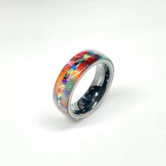 🎁 FREE Wood Ring Box with every ring purchase! ❤️ Make it personal! I offer ring engravings on all metal, wood or antler lined rings. Click the link below for details! https://www.etsy.com/listing/810128772/custom-ring-engraving 💎 This Rainbow DiamondCast ring is inlaid with a hand selected mixture of colorful hand crushed opals. Diamond Dust Ring made of real diamonds! Comes with a Certificate of Authenticity for the diamonds. 📏 Ring shown is 6mm wide. Please read below for other width consi Unique Multicolor Rings With Polished Finish, Multicolor Polished Rings Perfect As Gift, Multicolor Polished Rings As A Gift, Multicolor Polished Finish Rings For Gift, Multicolor Inlay Rings For Anniversary, Multicolor Polished Rings For Gifts, Anniversary Multicolor Inlay Rings, Unique Rainbow Rings As Gift, Unique Rainbow Colored Rings As Gift