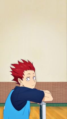 an anime character with red hair leaning on a rail