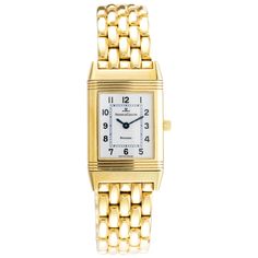 This yellow gold Reverso Watch has an argentè dial with blued steel hands. A yellow gold bracelet is accompanied by a double deployant clasp, also in yellow gold. The piece is fitted with sapphire glass and a manual winding movement. The watch is a new old stock and comes with original box and international warranty. Reference number is Q260.11.10 Caliber number is 846 With its inimitable design and manual winding mechanical movement, the Reverso from Jaeger le Coultre is a milestone of horology Timeless Yellow Gold Watch With Jubilee Bracelet, Classic Watch With Jubilee Bracelet And Rectangular Dial, Classic Yellow Gold Jubilee Bracelet Watch Accessories, Reverso Watch, Jaeger Lecoultre Reverso, Lady Watch, Womens Watches Luxury, Jaeger Lecoultre, Neck Piece