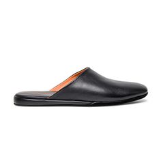 Black Leather Slip-on Mules, Elegant Slip-on Slippers With Leather Sole, Black Almond Toe Slip-ons With Leather Sole, Classic Slippers With Rubber Sole, Sleek Black Slip-ons With Rubber Sole, Black Leather Slip-ons With Almond Toe, Classic Slippers With Removable Insole, Black Calf Leather Slip-ons With Leather Sole, Sleek Leather Slip-on Slides