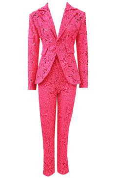 Long Sleeve Floral Crochet Suit Hot Pink DESIGN: Color: Hot pink V-neck Long sleeves Button detail Pocket detail Floral crochet Gentle Dry Clean Only Length: Maxi MATERIAL: Polyester + Cotton High quality durable fabric.  Delicate sewing and hemming by durable needle lockstitch machine. YKK zipper (known as the most durable and reliable zippers manufactured today). To maintain the beauty of your gartment, please follow the care instructions on the attached label. Colour may vary due to lighting on images. The product images (without model) are closest to the true colour of the item.   * Order one size up for a relaxed fit. * Pay special attention on measurements to ensure proper fit. * If you are between two sizes the larger one is recommended.         &n Fitted Pink Lace Sets, Pink Fitted Lace Sets, Pink V-neck Workwear Set, Pink V-neck Set For Work, Lace Suits, Crochet Suit, Pink Blazers, Fall Going Out Outfits, Hot Pink Design