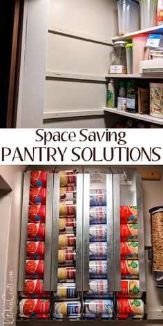 an open refrigerator with canned food in it and the words space saving pantry solutions above it