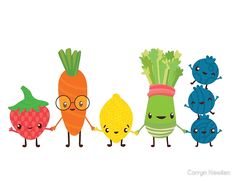 three cartoon fruits and vegetables are lined up in a row