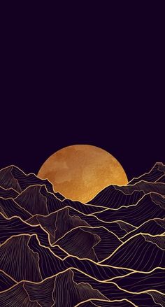 the sun is setting over mountains with waves in front of it and an orange moon above them