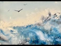 an abstract painting with birds flying over the ocean waves and blue sky in the background