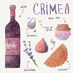 a watercolor drawing of different types of wine and other things that are labeled in english