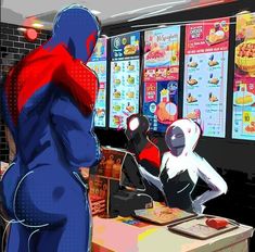 two cartoon characters are standing in front of a vending machine at a fast food restaurant