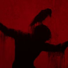 the silhouette of a person with a bird on his shoulder, against a red background