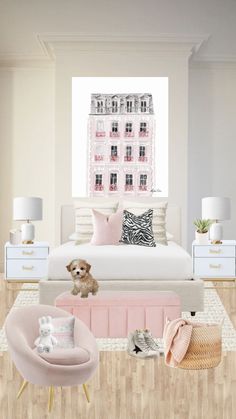 a white bedroom with pink accents and accessories on the floor, along with a small dog sitting at the foot of the bed