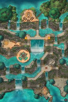 an aerial view of a park with waterfalls and trees in the middle, surrounded by blue water