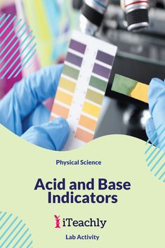 a book cover with the words acid and base indicators in blue gloves holding up a piece of paper