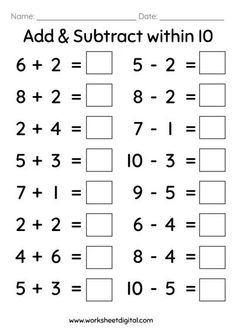 Unique and FREE Worksheets for Kids 10+  Help your child learn math with our fun and engaging worksheets. Topics include addition, subtraction, multiplication, division, geometry, and more. Download them today! #mathworksheets #kindergartenmath Multiplication By 0 And 1 Worksheet, Addition Within 10 Activities, Addition Within 10 Worksheets, Free 2nd Grade Math Worksheets, Adding Worksheets Kindergarten, Simple Math Worksheets, Addition To 10 Worksheets, Addition Subtraction Worksheet, Math Kindergarten Worksheets