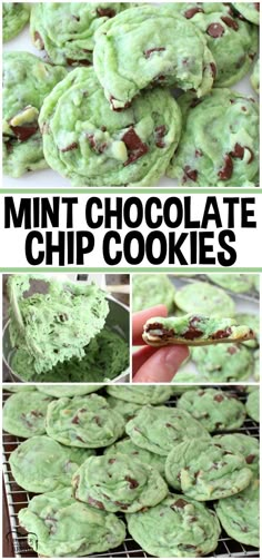 mint chocolate chip cookies are stacked on top of each other and ready to be eaten