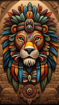 a lion with colorful feathers on it's head is shown in this art work