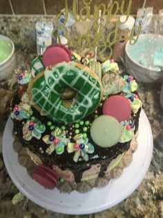 a decorated cake sitting on top of a counter